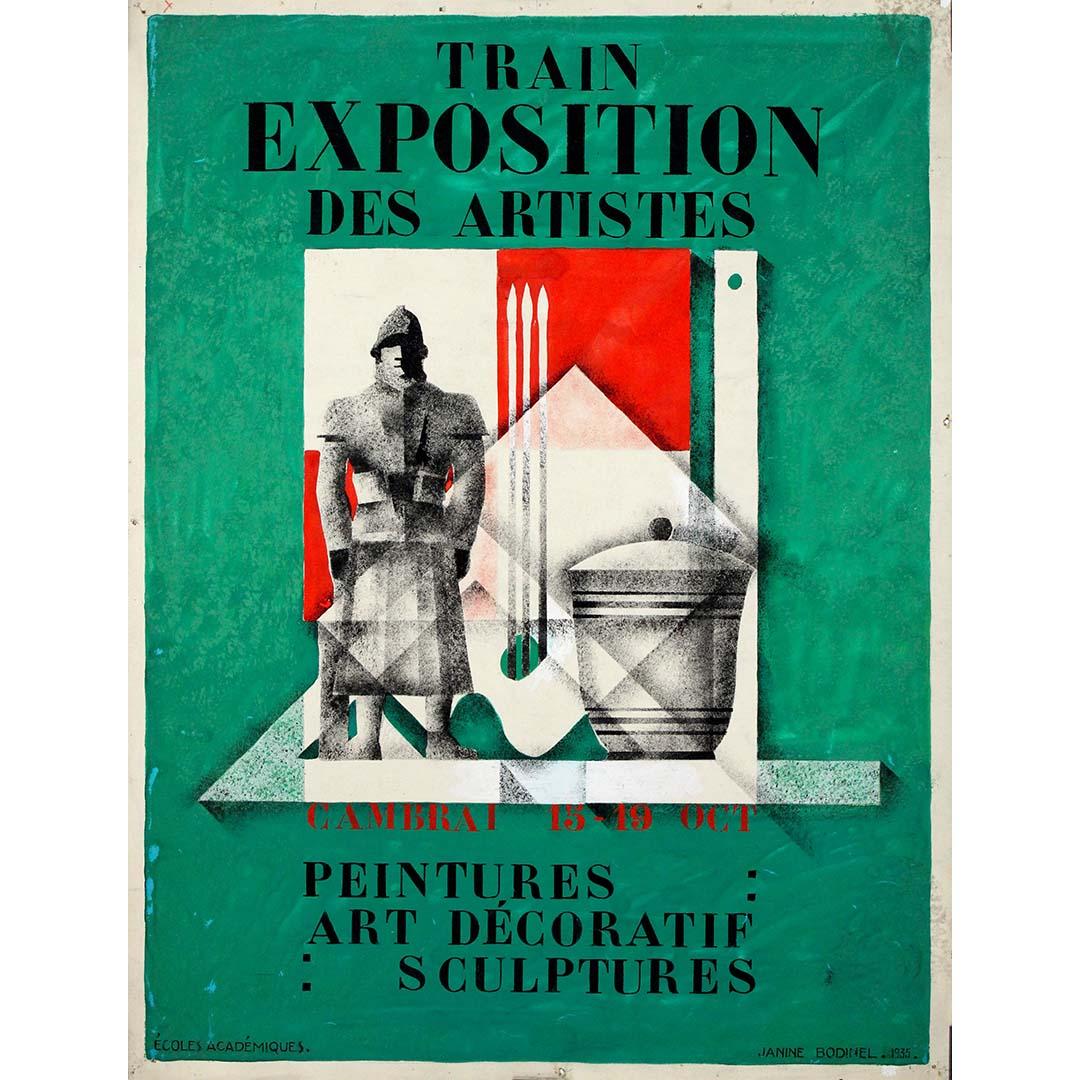 This 1935 original gouache poster project by French artist Janine Bodinel was created to promote the Train Exposition des Artistes, an exhibition presenting painting, decorative arts, and sculpture in the northern French city of Cambrai.

The
