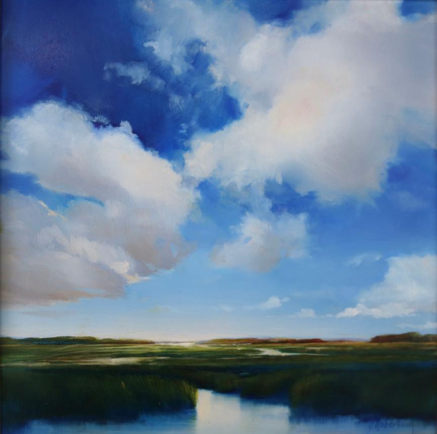 Landscape Painting de Janine Robertson - "Bañado en Azul" suaves nubes salpican el cielo, descansando sobre el camino hacia el mar