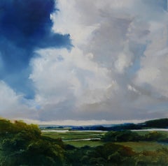 "Blue Beyond" calm salt marsh under a blue sky, white clouds, summer scenery