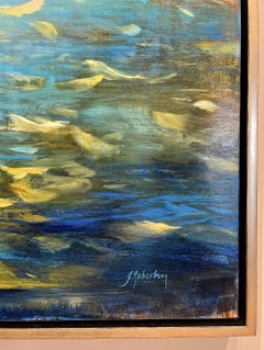"Cerulean Reflections" luminous oil painting of a river reflecting blue sky