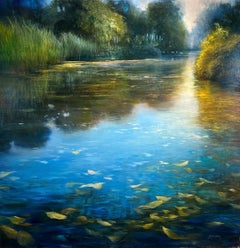 "Reflejos cerúleos" óleo luminoso de un río que refleja el cielo azul