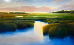 "Velo cremisi" rosa tenue che galleggia su una palude al tramonto, orizzonte d'oro