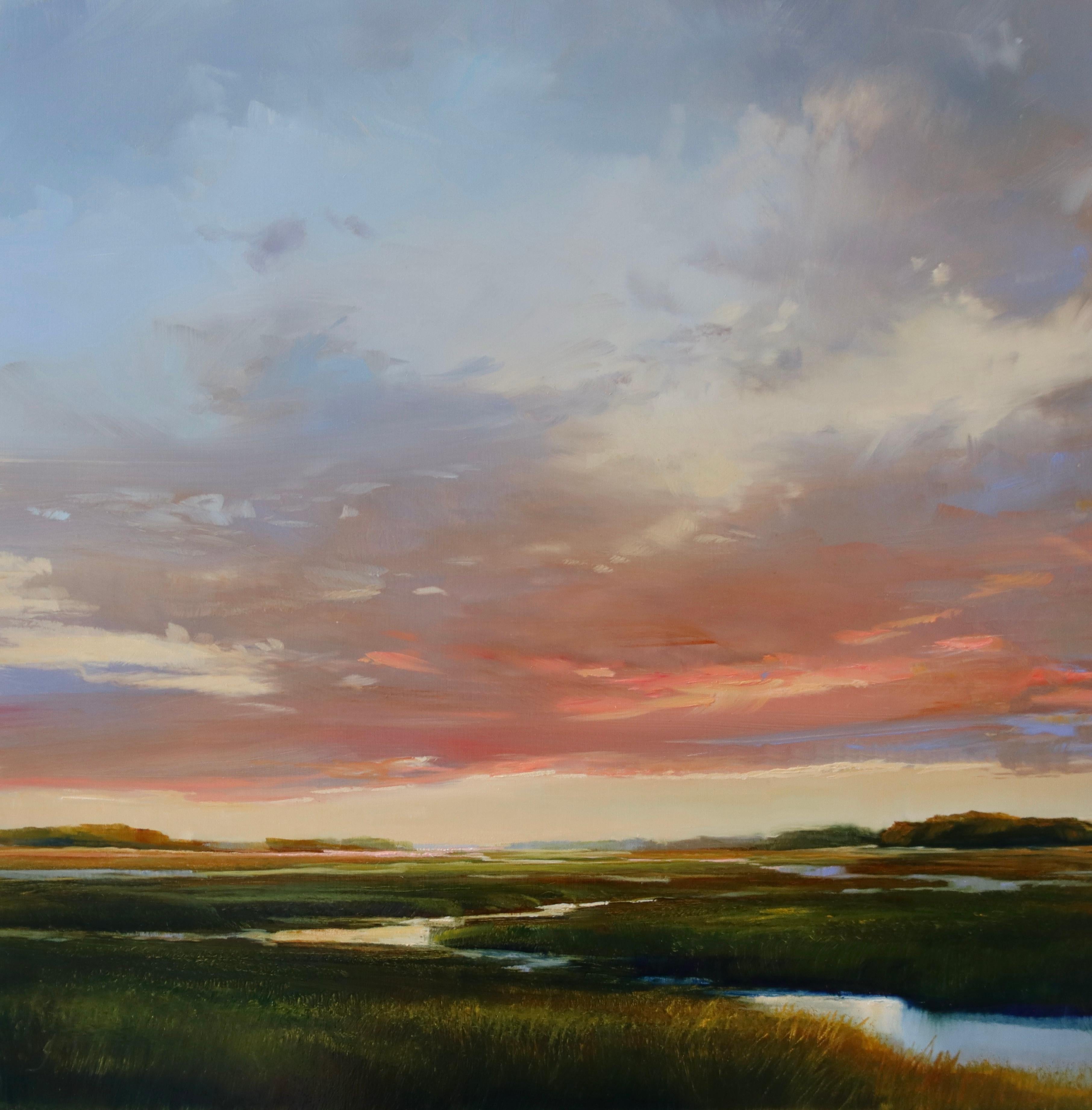 Landscape Painting di Janine Robertson - "Evening Drift" il sole tramonta sulla palude creando un cielo di rosa e viola