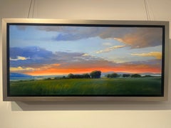 "Abendwiese" die Sonne ist über einer ruhigen Wiese untergegangen und der Himmel leuchtet orange