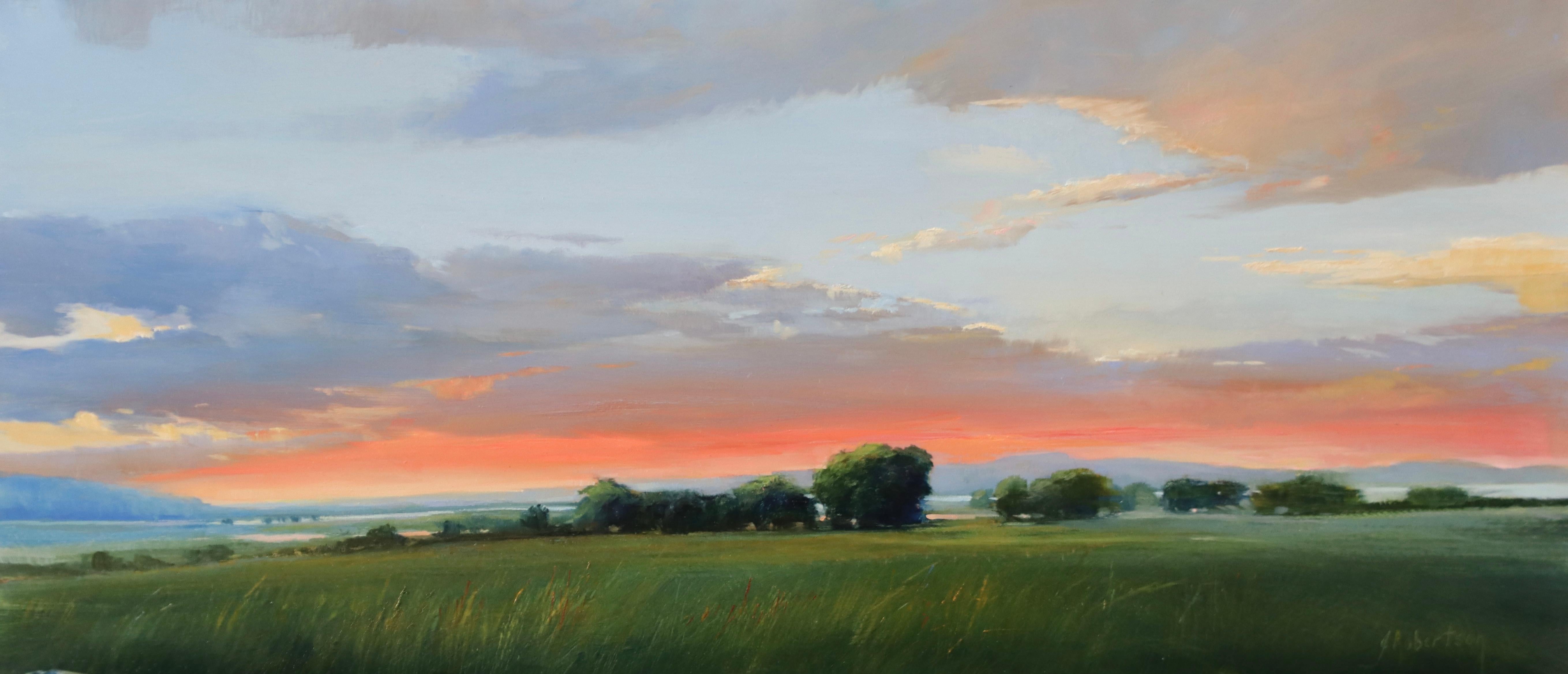 Janine Robertson Landscape Painting - "Evening Meadow" the sun has set over a serene meadow and the sky glows orange