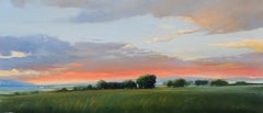 "Abendwiese" die Sonne ist über einer ruhigen Wiese untergegangen und der Himmel leuchtet orange