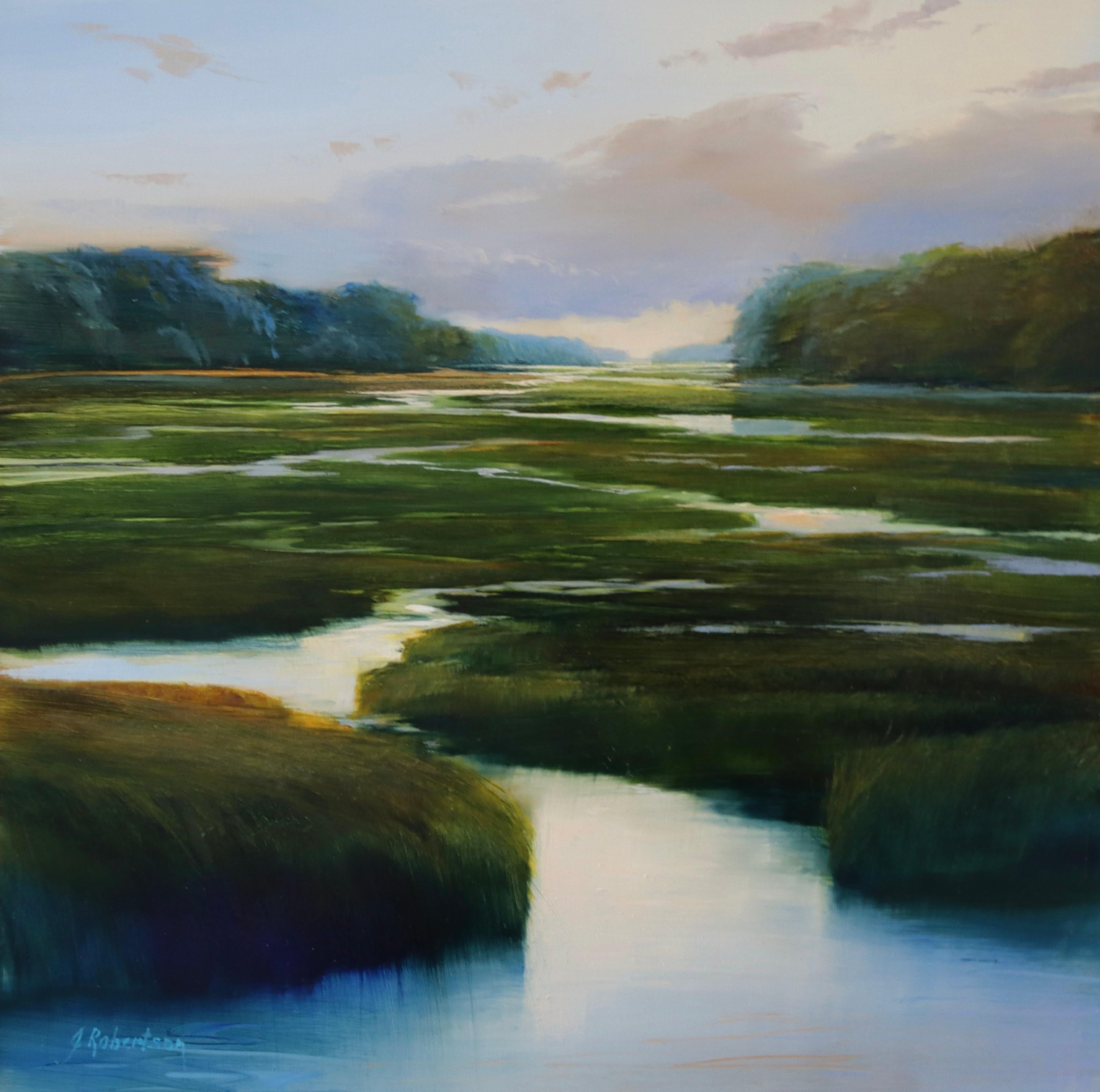 Landscape Painting de Janine Robertson - "Expansión" el agua serpentea por la marisma hacia el horizonte, el cielo es de un púrpura claro