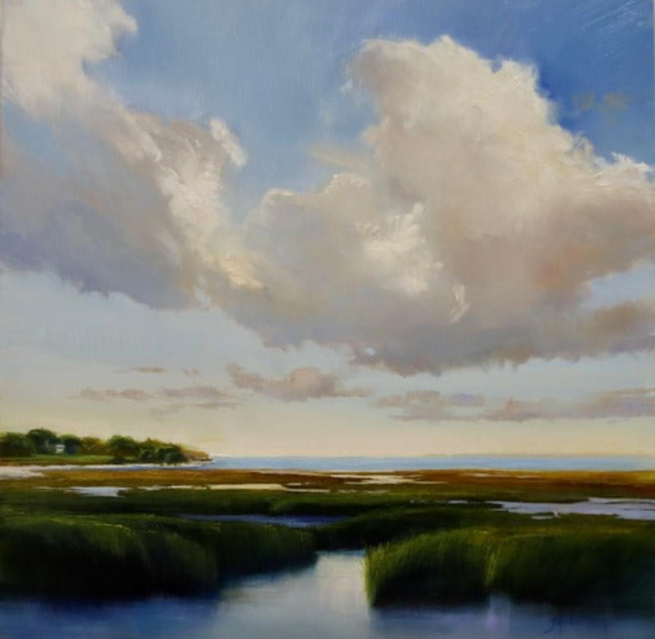 Janine Robertson Landscape Painting – Fresh Light, ein Öl auf Aluminium mit einer lebendigen Landschaft 