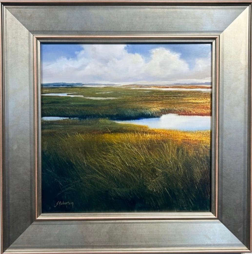 Landscape Painting de Janine Robertson - "Hacia el Otoño" el cielo azul claro descansa sobre un pantano, vivo con los colores del otoño