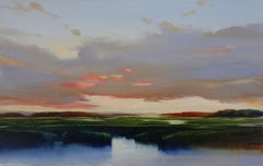Janine Robertson "After Light", 7.5x12 Luminous Sunset Green Marsh Landscape