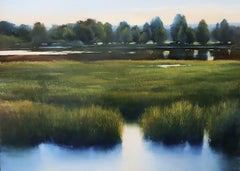 Janine Robertson, "Banchi di smeraldo", pittura a olio di un paesaggio luminoso 30x40