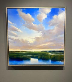 Janine Robertson, "Deriva vespertina", 30x30 Paisaje pantanoso luminoso verde