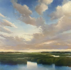 Janine Robertson, "Evening Drift", 30x30 Green Luminous Marsh Landscape
