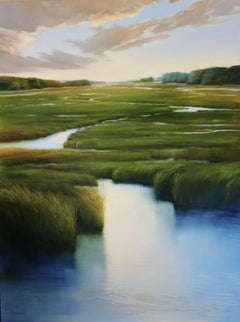 Janine Robertson, "Evening Meander", 40x30 Green Marsh Landscape Oil Painting