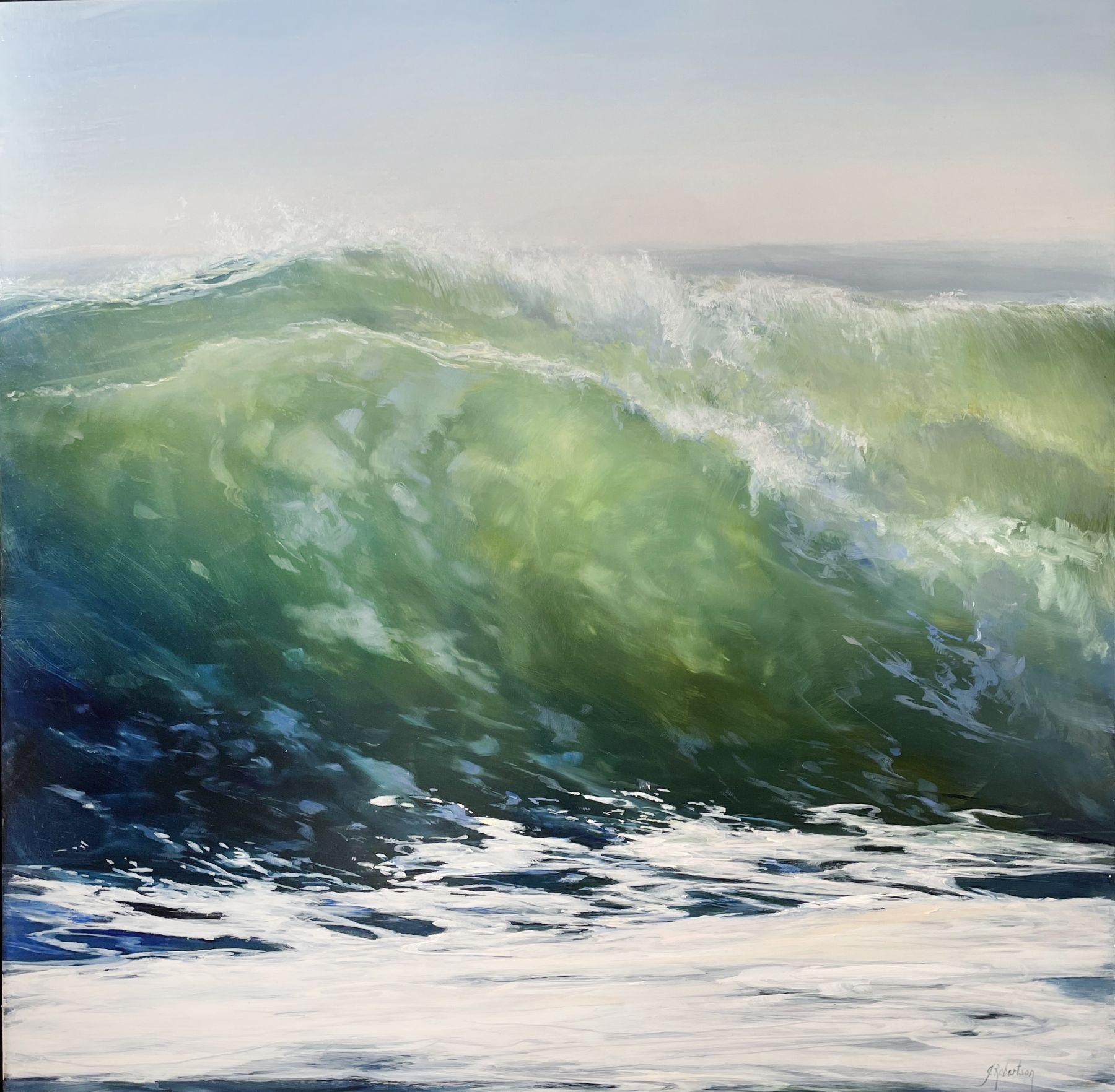 Dieses friedliche Werk, "Luminance", ist ein 30x30" großes Ölgemälde auf einer Aluminiumplatte der Künstlerin Janine Robertson, das den Blick auf eine an einem Strandufer krachende Welle zeigt. Die Gesamttöne dieses Gemäldes sind Blau- und Grüntöne.