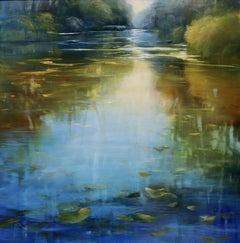 Janine Robertson, "Réflexions sur l'étang II" 30x30 Peinture à l'huile d'un paysage aquatique