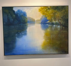 Janine Robertson, "River Glow" 30x40 Luminous Green Blue Landscape Oil Painting