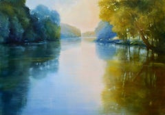 Janine Robertson, „River Glow“, 30x40, Leuchtend grünes, blaues Landschaftsgemälde 