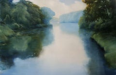 Janine Robertson "River Reflections" 34x51 Green Luminous Landscape Oil Painting