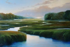 Janine Robertson, "Verdant Marsh", 30x45 Green Luminous Landscape Oil Painting