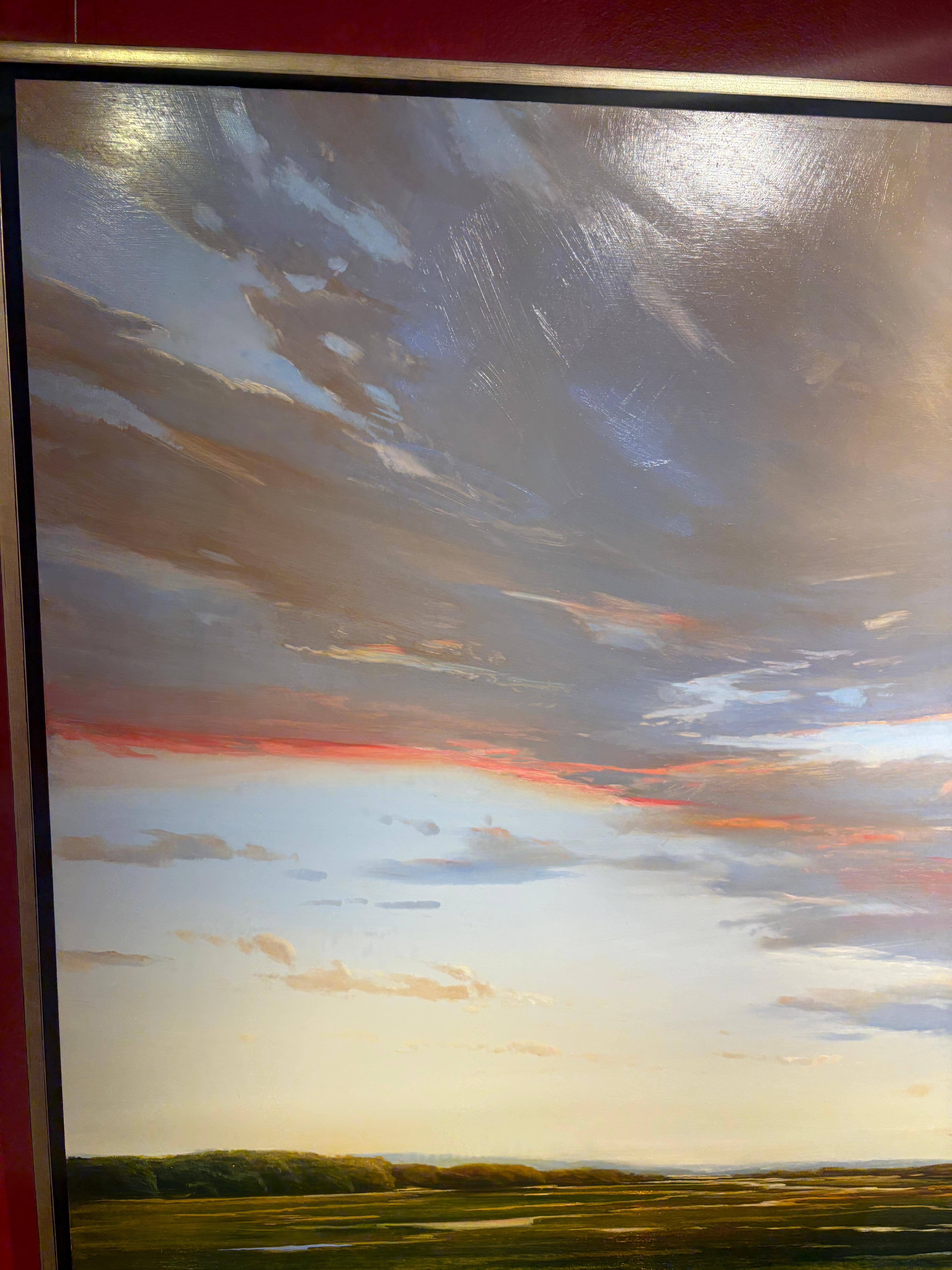 „Languid Drift“-Bewegung der Sonne, pastellfarbener Himmel spiegelt die Wärme des Marschs unter (Grau), Landscape Painting, von Janine Robertson