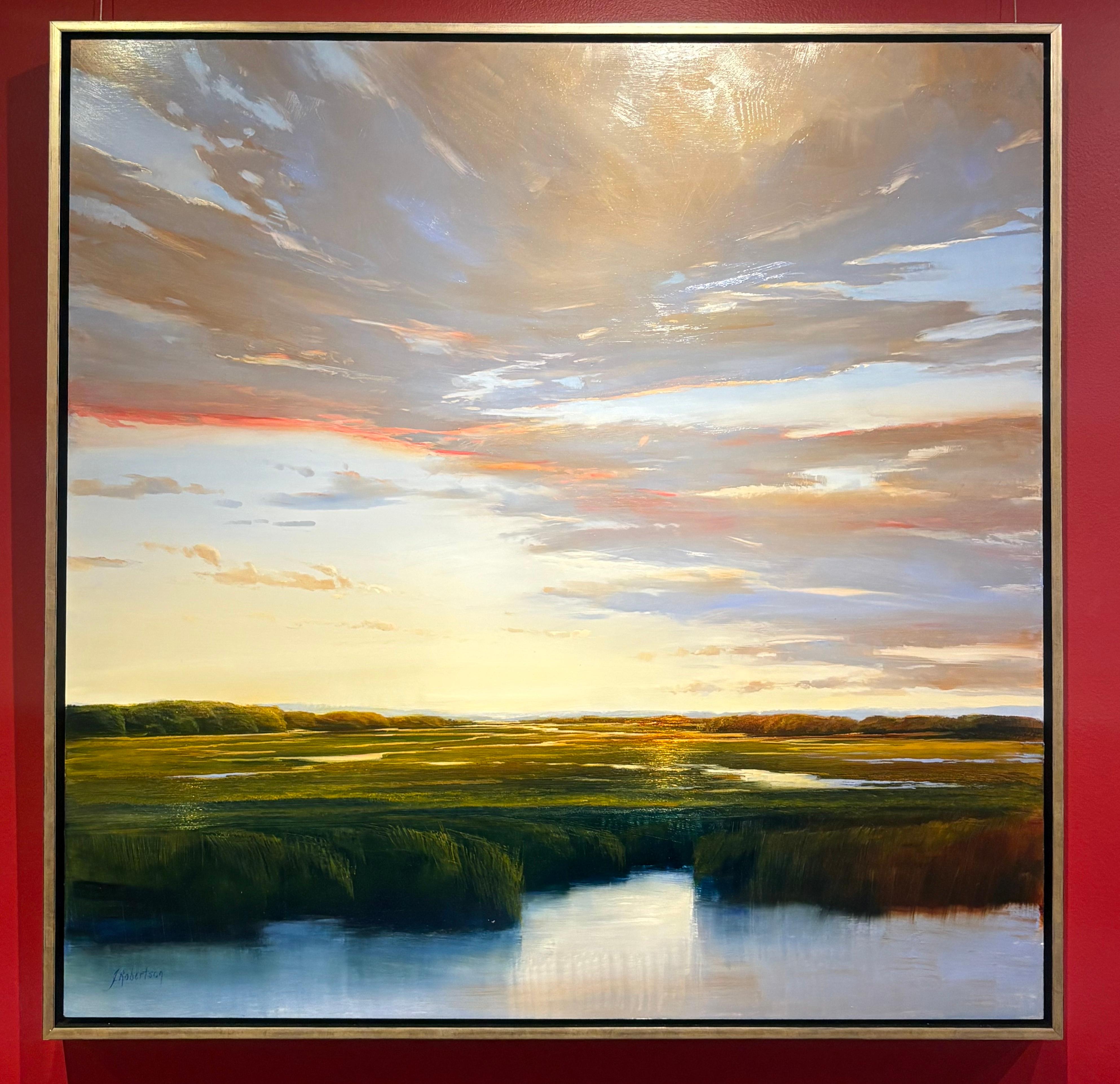 „Languid Drift“-Bewegung der Sonne, pastellfarbener Himmel spiegelt die Wärme des Marschs unter – Painting von Janine Robertson