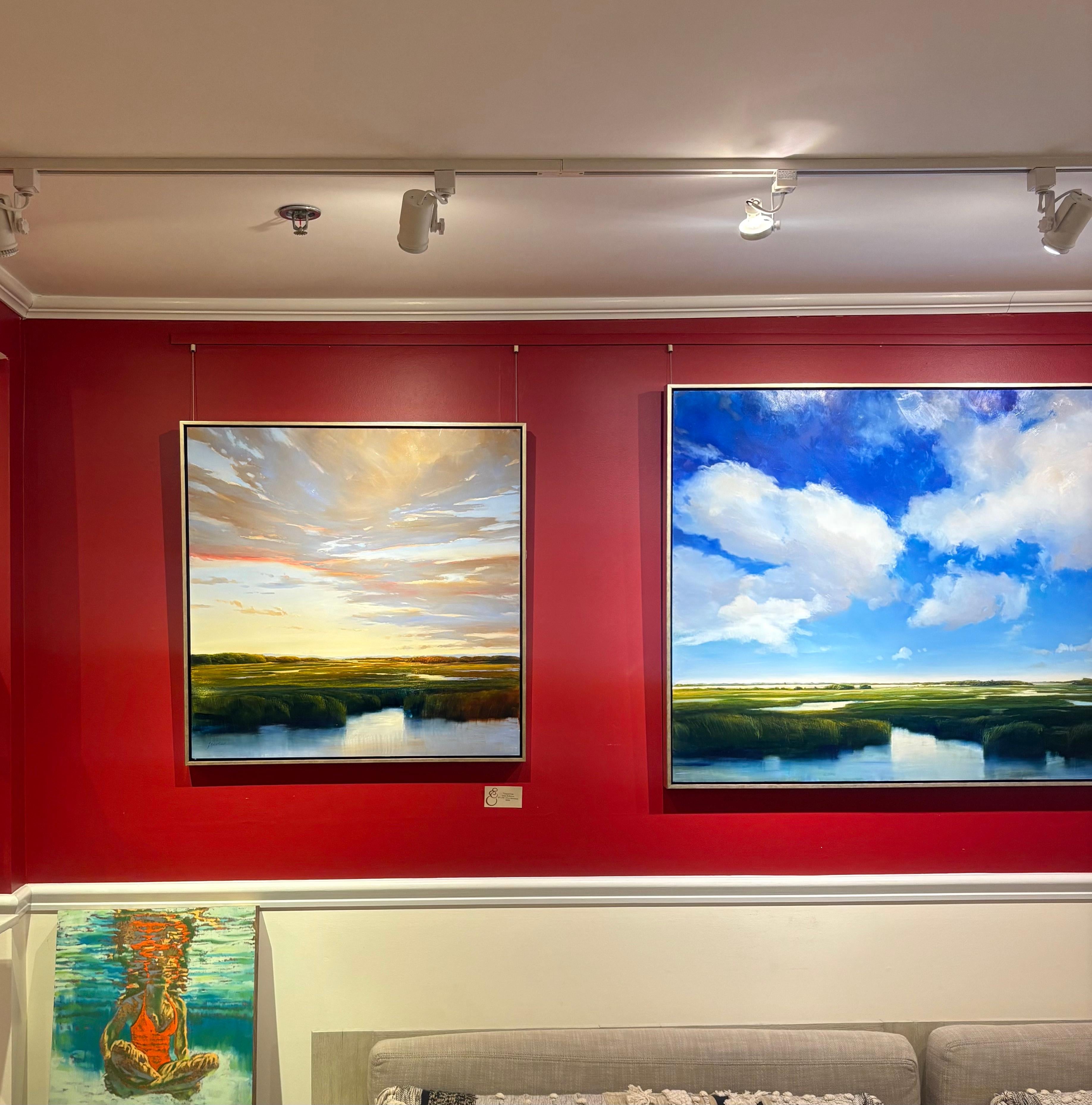 „Languid Drift“-Bewegung der Sonne, pastellfarbener Himmel spiegelt die Wärme des Marschs unter (Zeitgenössisch), Painting, von Janine Robertson