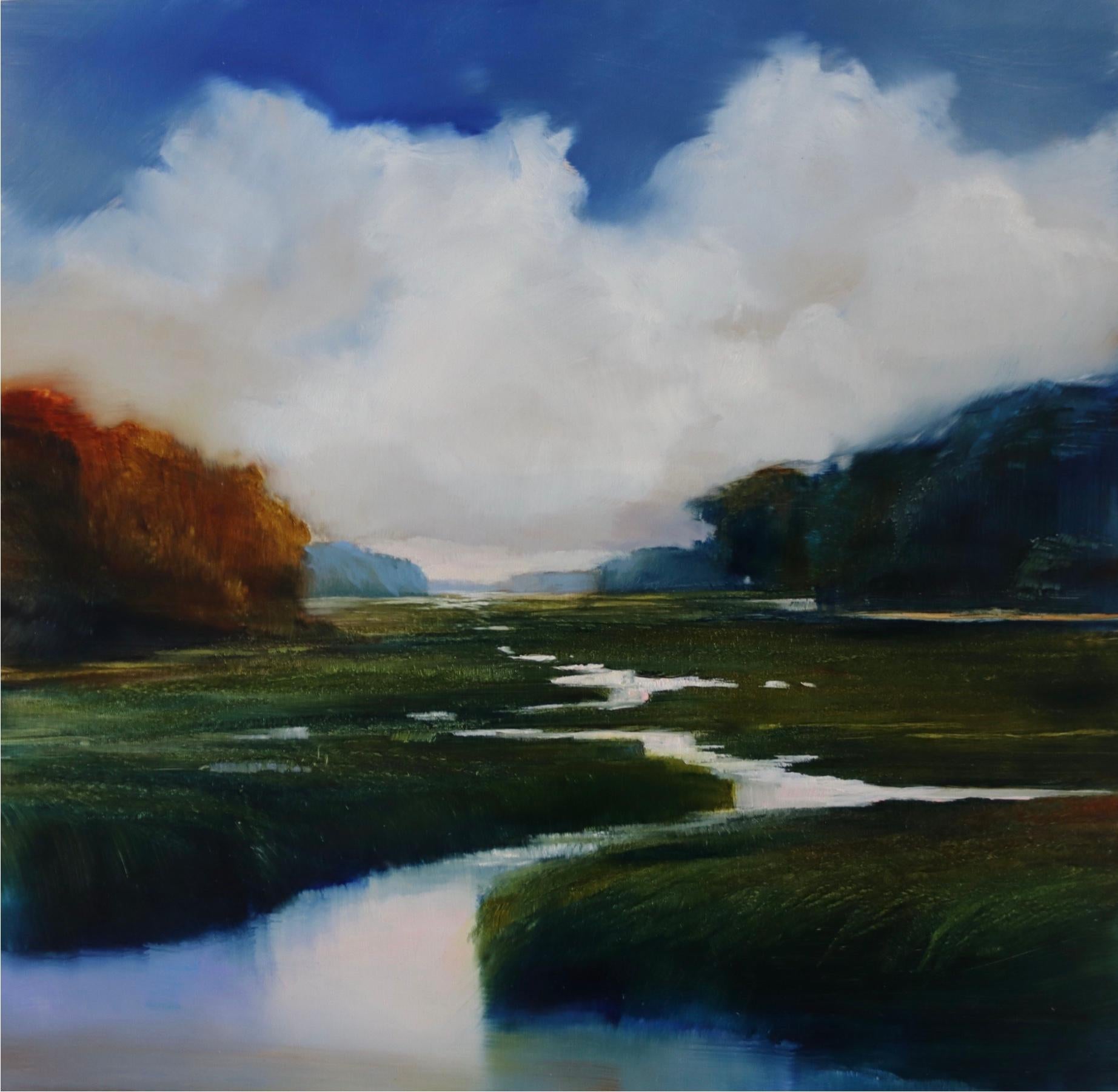 Landscape Painting di Janine Robertson - "Palude con nuvole in aumento" Nature riflette il cielo blu intenso che si posa sull'acqua della palude