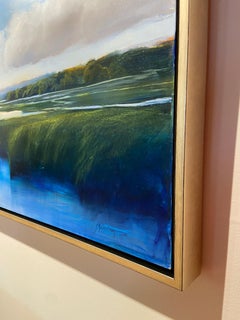 "On Clouds" a vivid oil on aluminum painting with clouds overlooking water