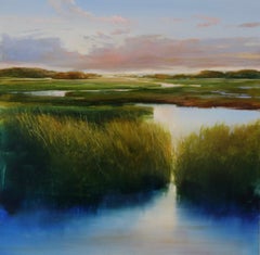 "Quiet Wander" salt marsh, landscape, ocean shoreline, reeds, dunes, peach sky