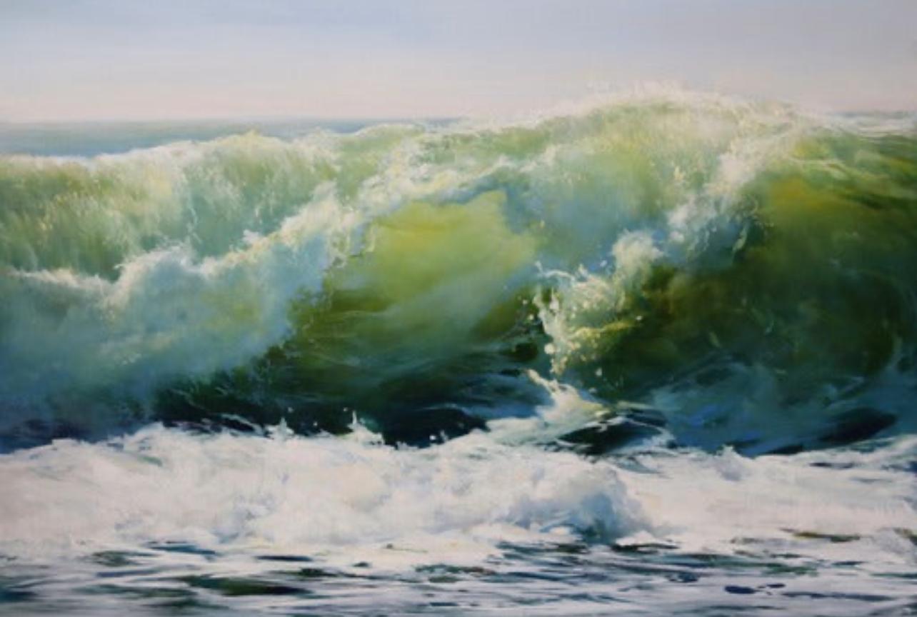 Janine Robertson Landscape Painting - Radiant, an active green wave depicted in oil on aluminum