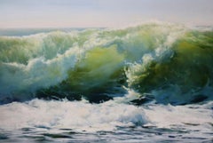 Radiant, an active green wave depicted in oil on aluminum