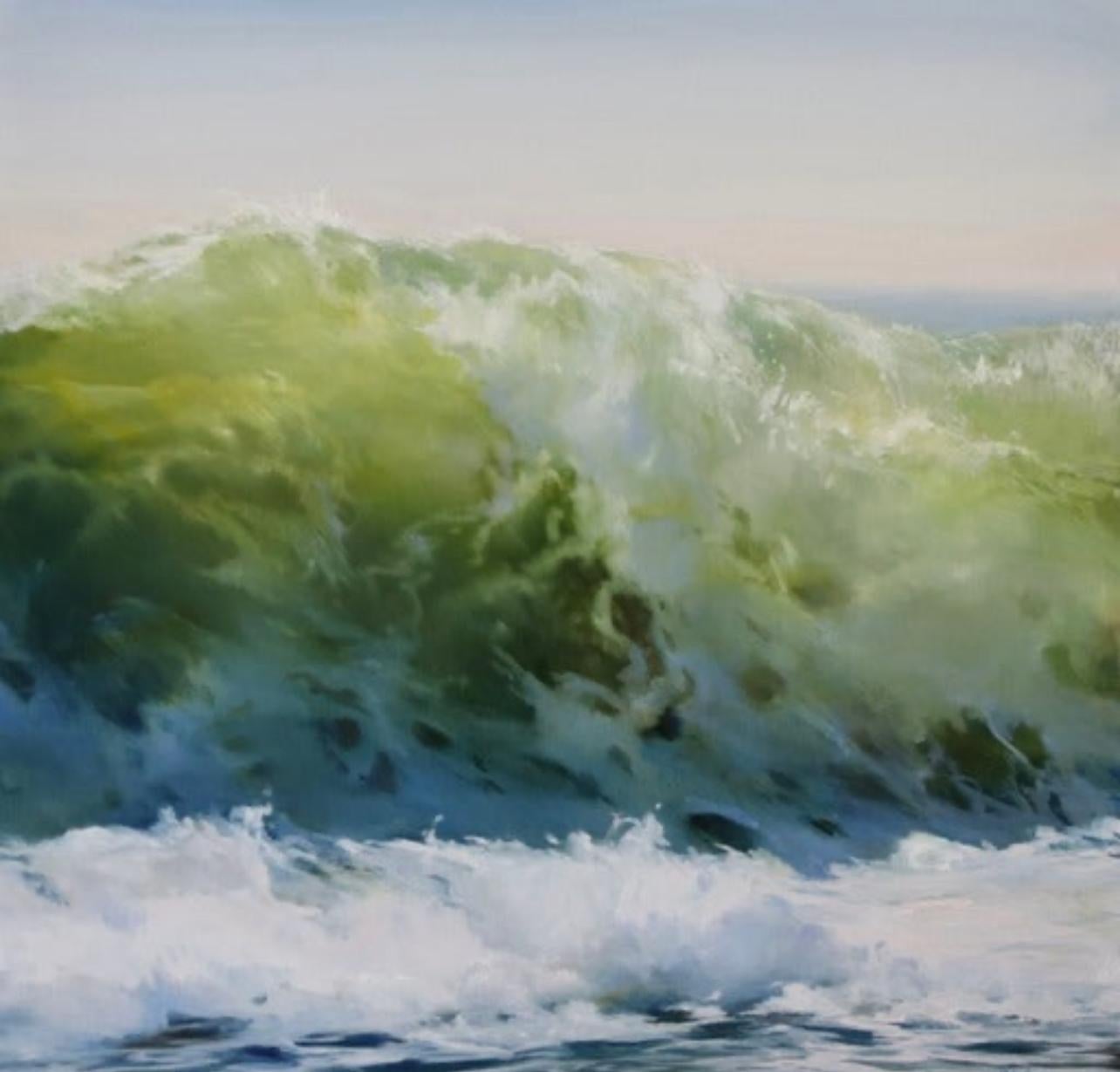 Janine Robertson Landscape Painting - Resolute, an oil on aluminum painting depicting a strong wave in greens 