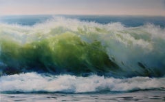 "Sea Through" primo piano di un'onda che si infrange sulla riva con colori blu e verdi