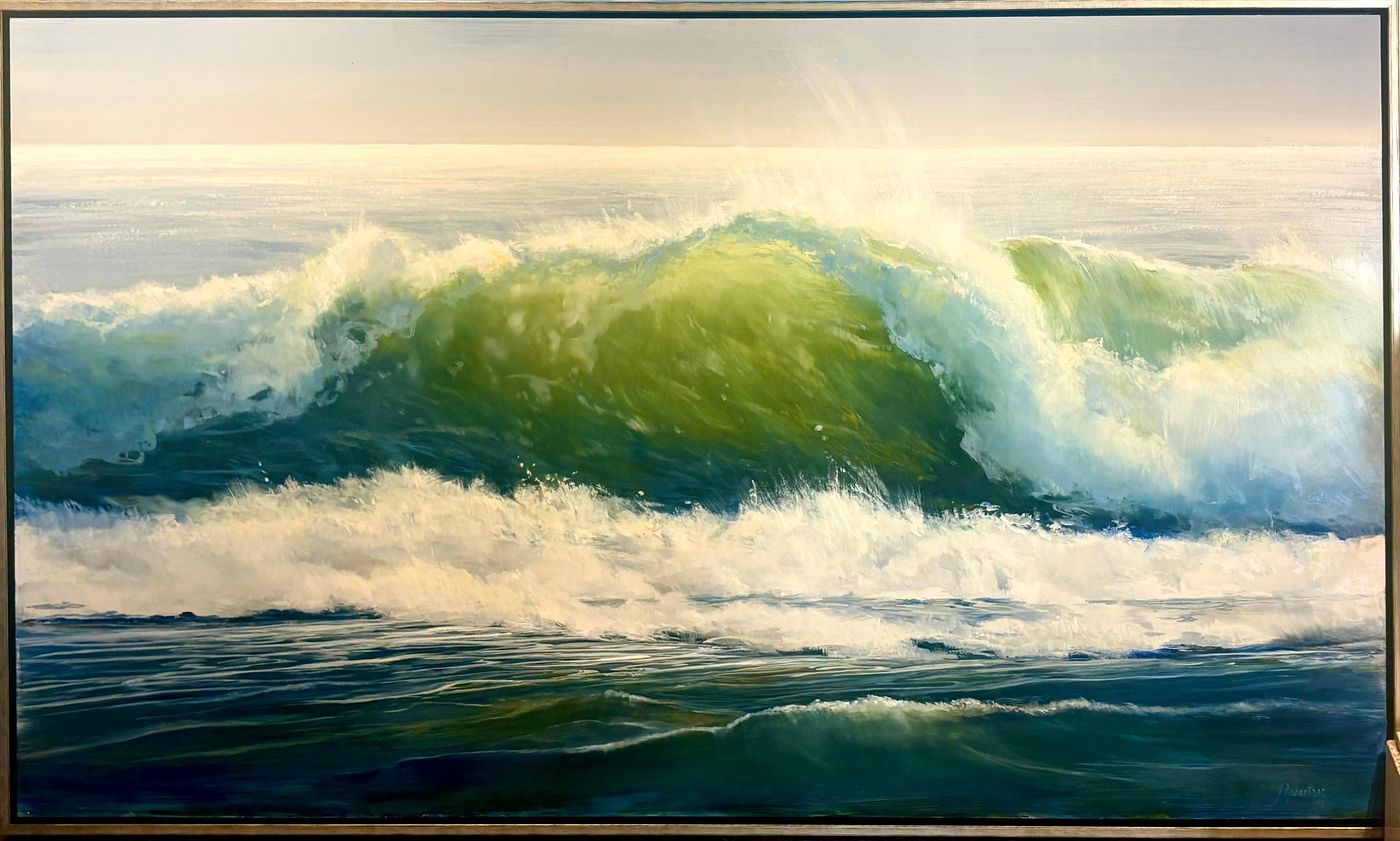 Landscape Painting di Janine Robertson - "Spindrift" dipinto a olio fotorealista di un'onda oceanica verde e blu su alluminio