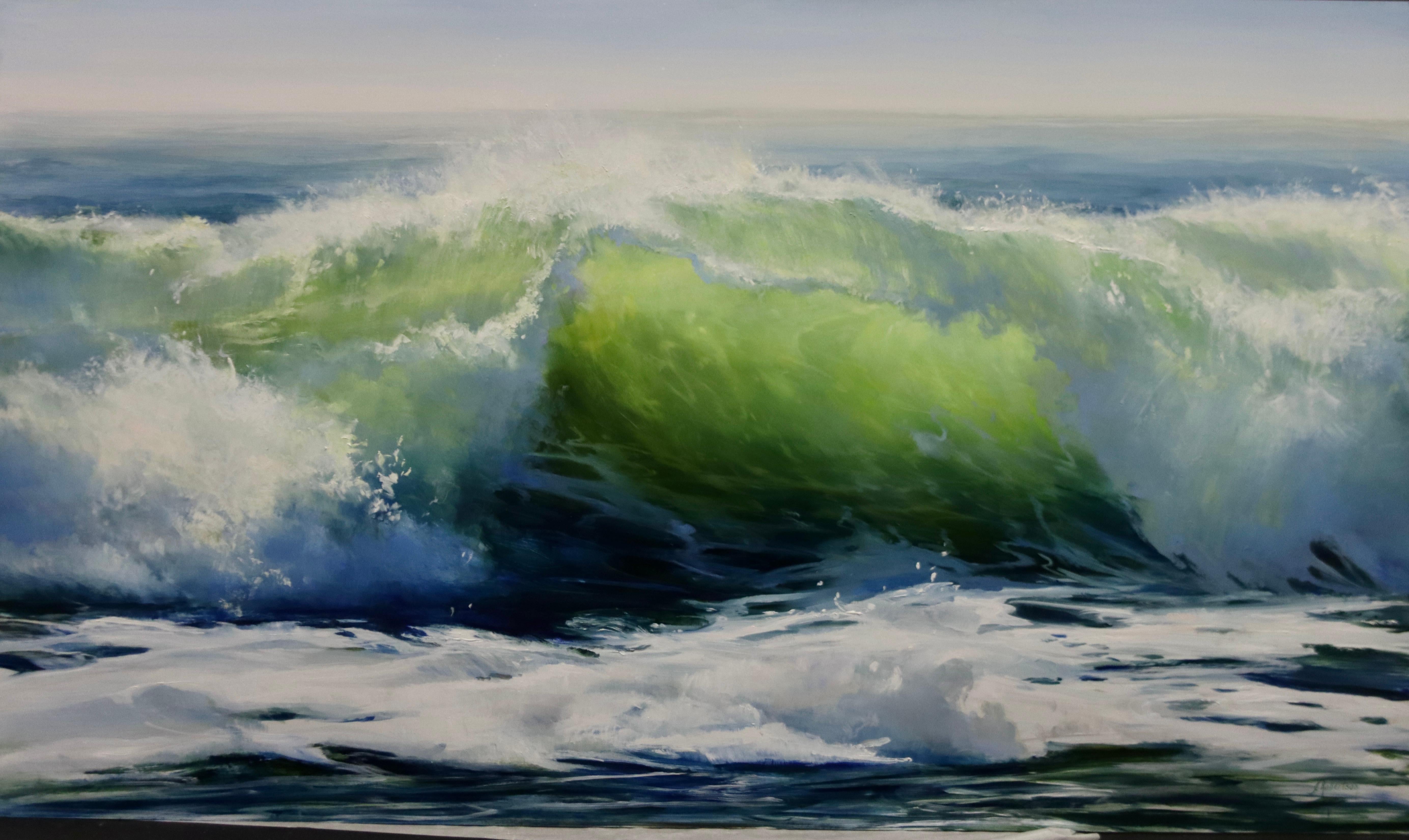 Landscape Painting de Janine Robertson - "Atrapa el Sol" ola oceánica choca contra la orilla, rocío marino en primer plano