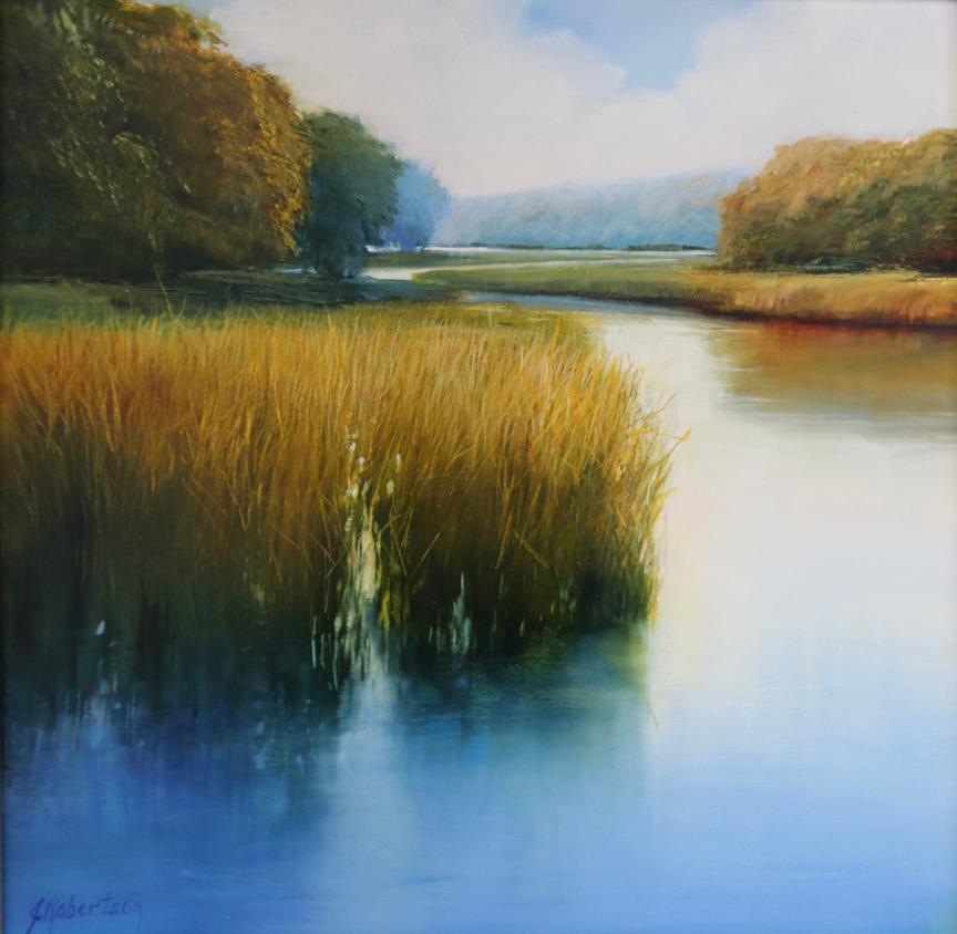 Landscape Painting di Janine Robertson - "Palude illuminata dal sole": il prato sorge dal blu profondo e gli alberi sono illuminati dal sole.