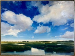 "Vasto e blu", dipinto a olio di una palude verde vibrante sotto un cielo blu intenso
