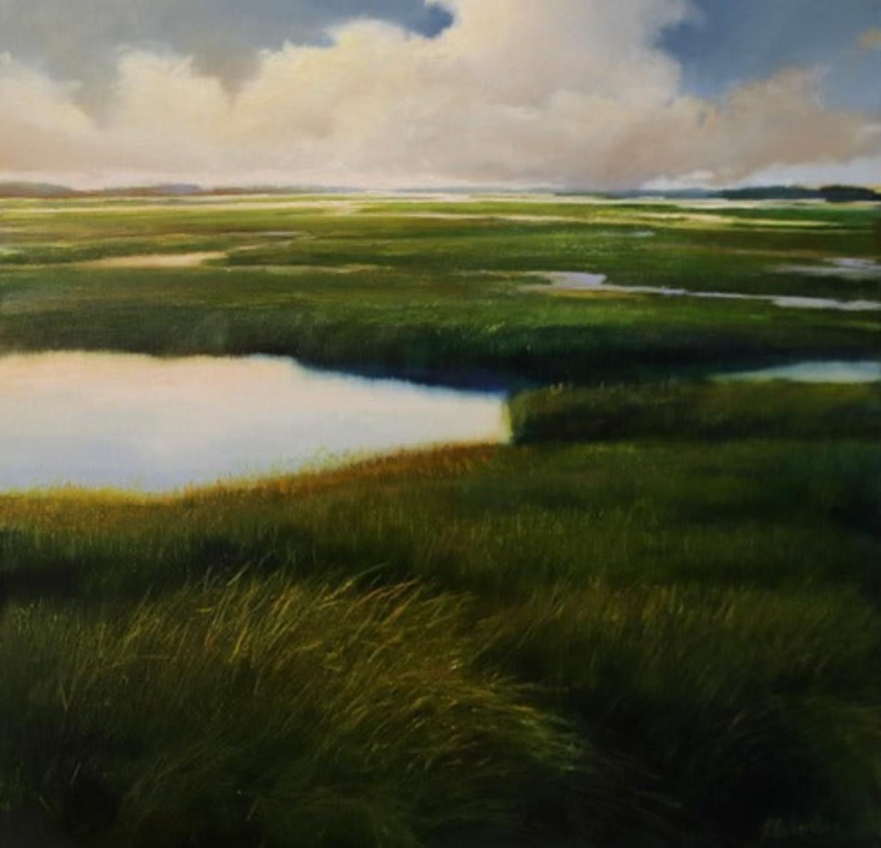 Janine Robertson Landscape Painting - Verdant Marsh, a tranquil landscape view of the wetlands and grassy terrain
