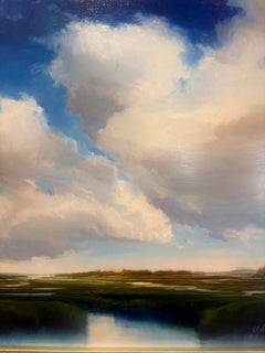 "Voluminous I" Peinture à l'huile photoréaliste d'un marais vert sous un ciel d'un bleu profond.