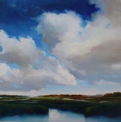 "Voluminous II" Pittura a olio fotorealista di una palude verde sotto un cielo blu intenso