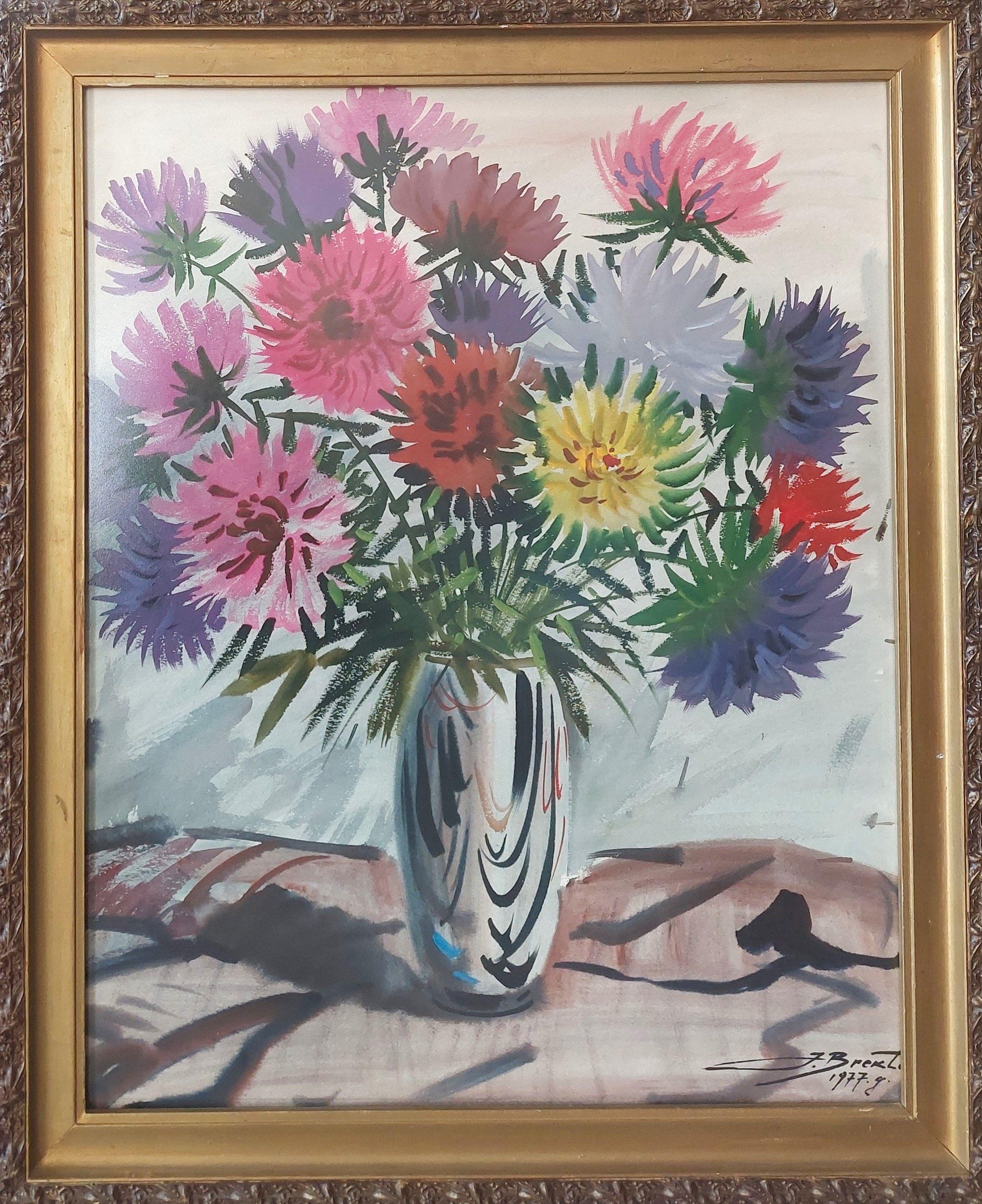 Aster flowers  Paper, watercolor. 71x56.5cm 1977 - Painting by Janis Brekte