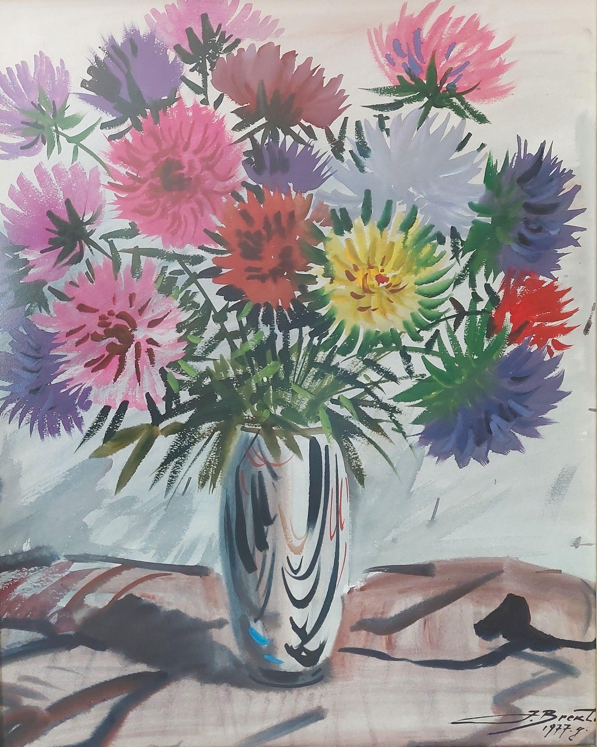 Janis Brekte Still-Life Painting - Aster flowers  Paper, watercolor. 71x56.5cm 1977