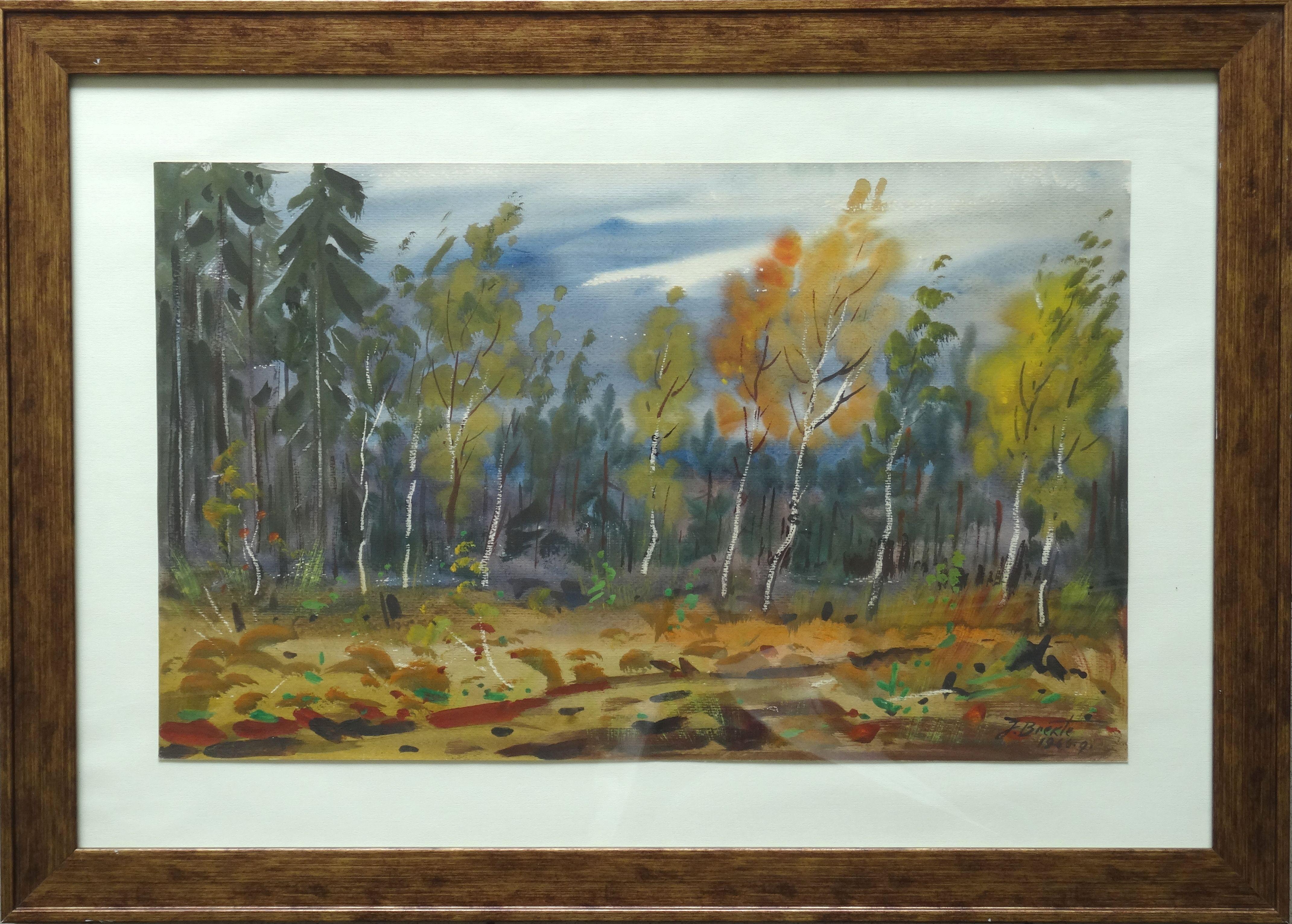 Autumn landscape. 1966. Watercolor on paper. 33, 5 x 54 cm - Painting by Janis Brekte