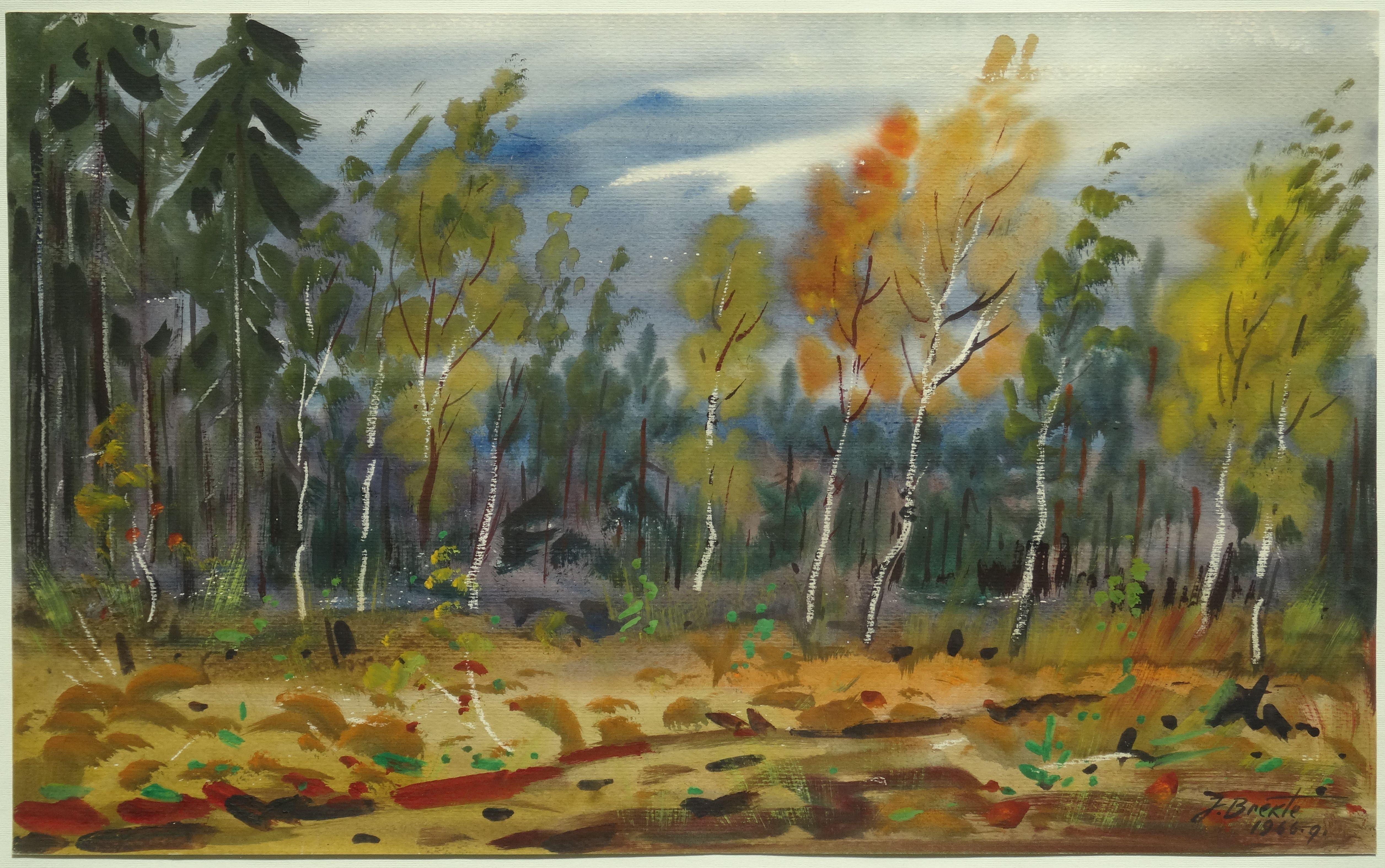 Autumn landscape. 1966. Watercolor on paper. 33, 5 x 54 cm - Realist Painting by Janis Brekte
