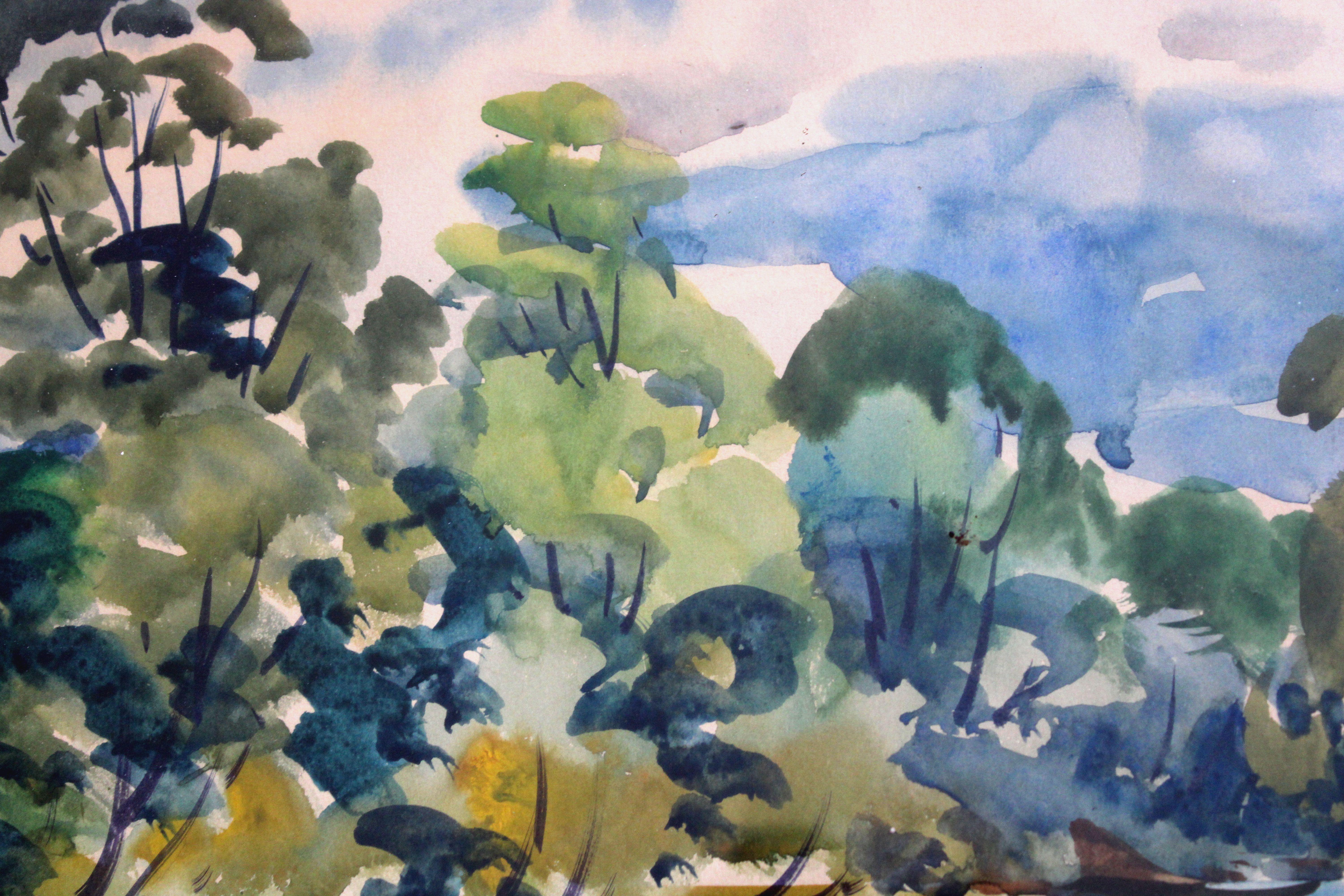 Landscape  1965. Paper, watercolor, 38x53 cm - Gray Landscape Painting by Janis Brekte