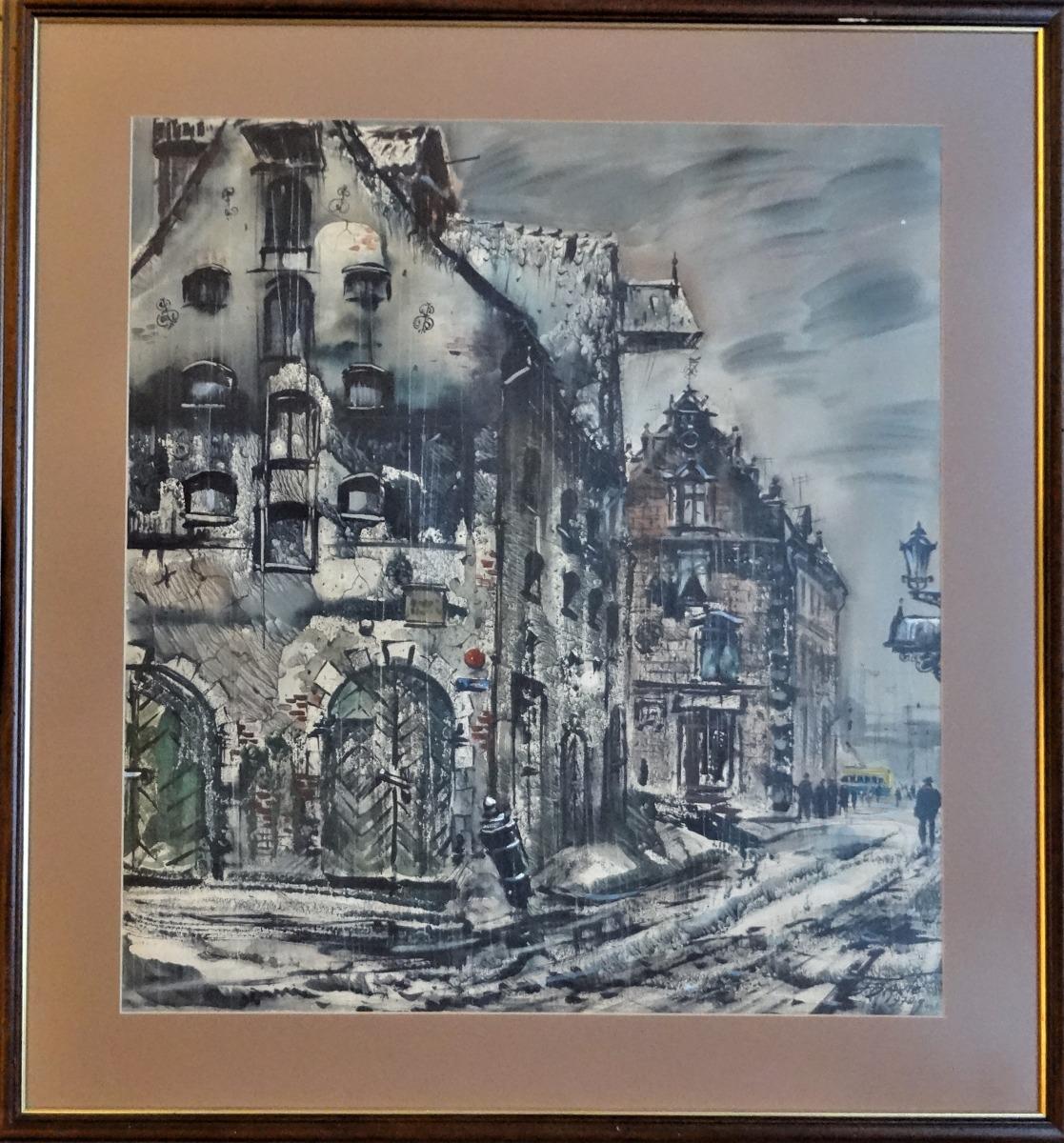 Old City  1970. Paper, watercolor, 71x64 cm - Painting by Janis Brekte