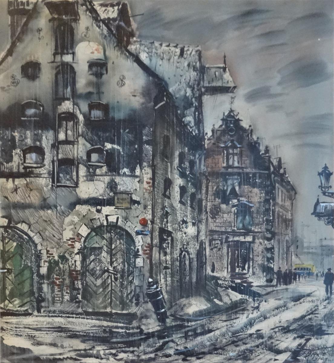 Landscape Painting Janis Brekte - Vieille ville  1970. Papier, aquarelle, 71 x64 cm