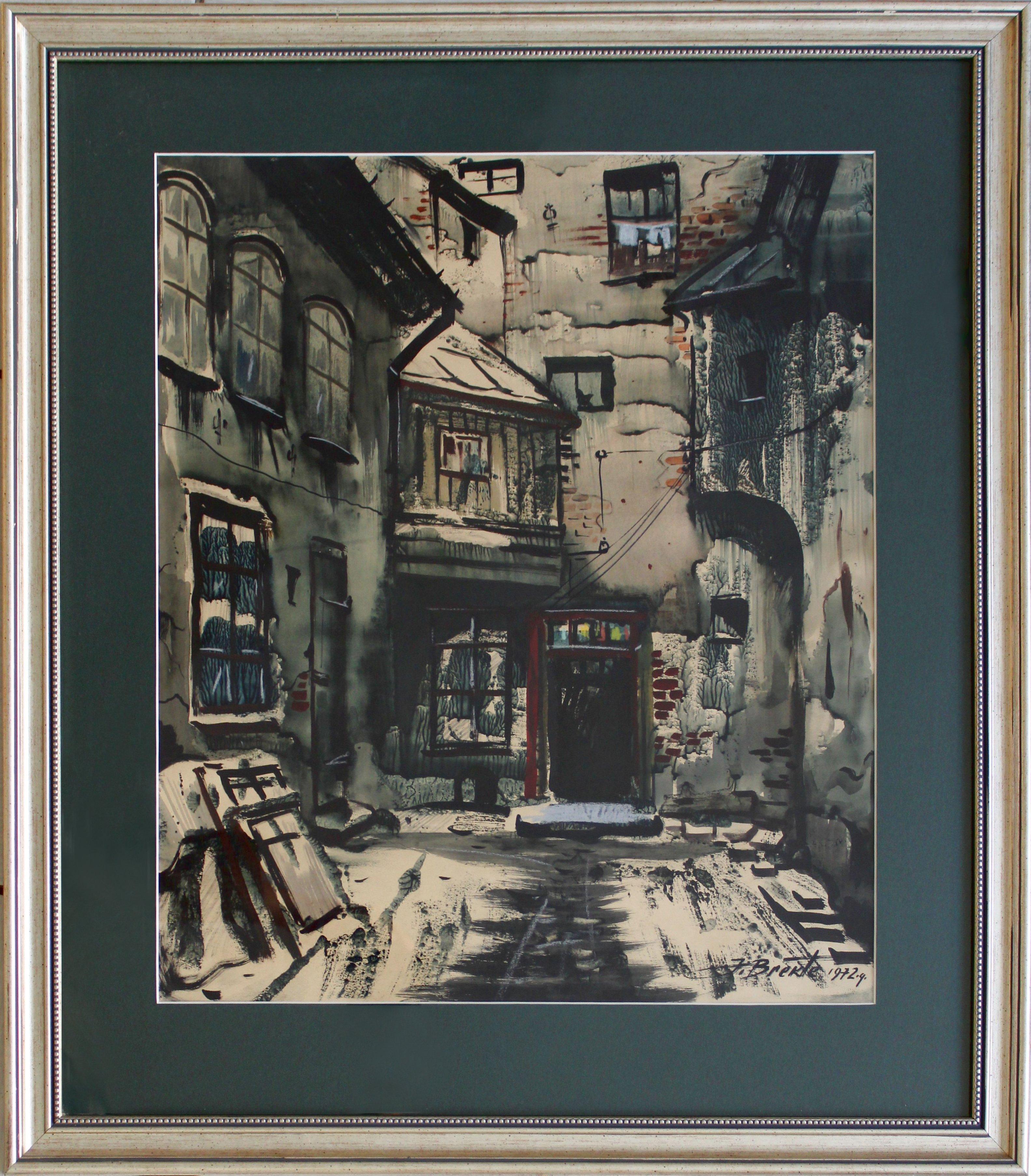 Old Riga motif. 1972. Paper, watercolor, 50x41 cm - Painting by Janis Brekte