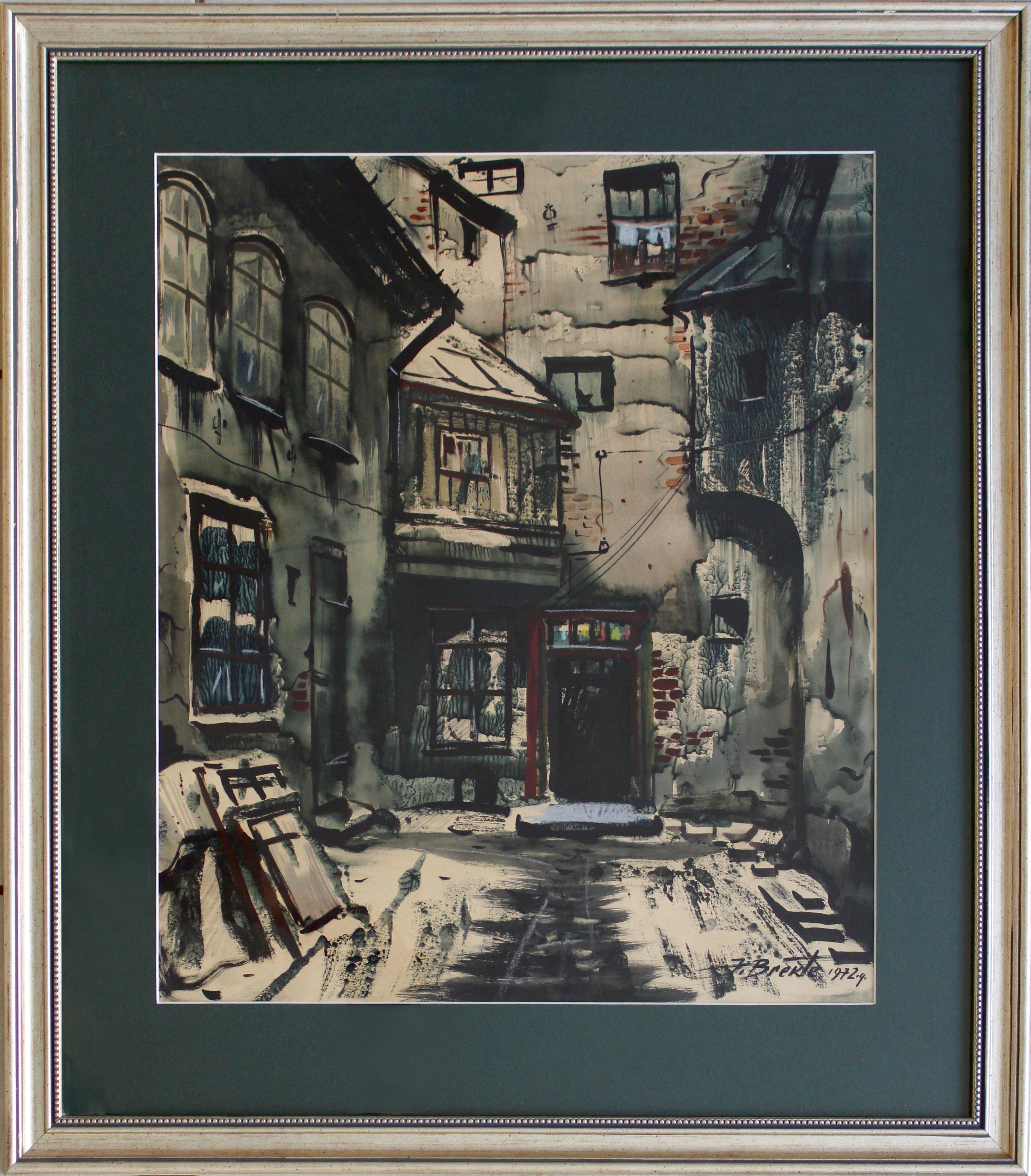 Vecchio motivo di Riga. 1972. Carta, acquerello, 50x41 cm - Painting di Janis Brekte